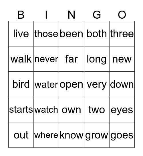 Unit 3 Sight Words Bingo Card