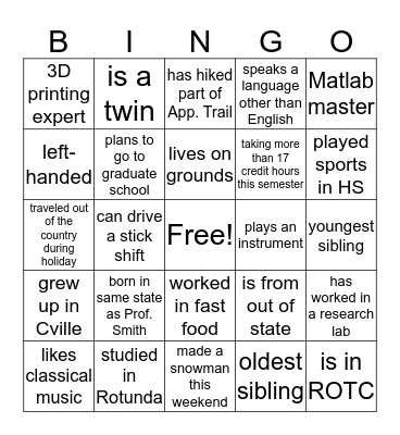Mechanics Lab Bingo Card