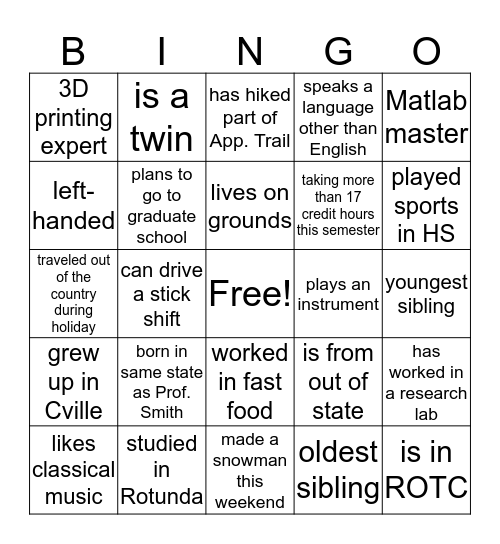 Mechanics Lab Bingo Card