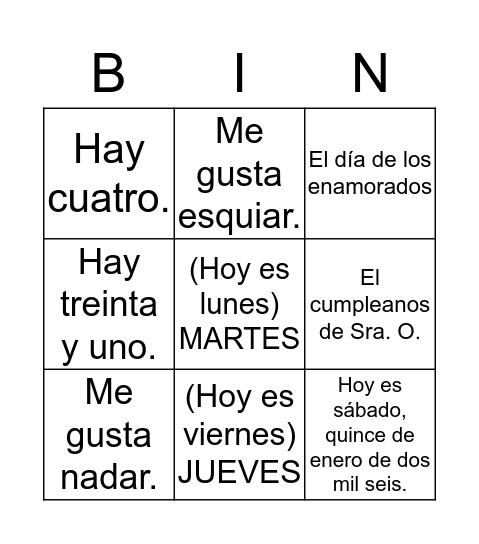 El calendario Bingo Card