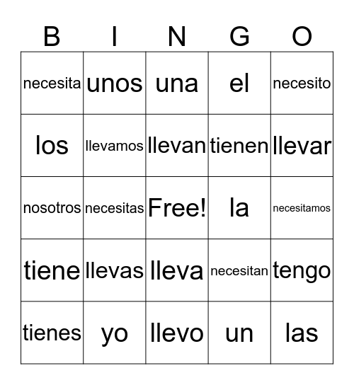 Llevar, necesitar, tener, definite/indefinite arts. Bingo Card