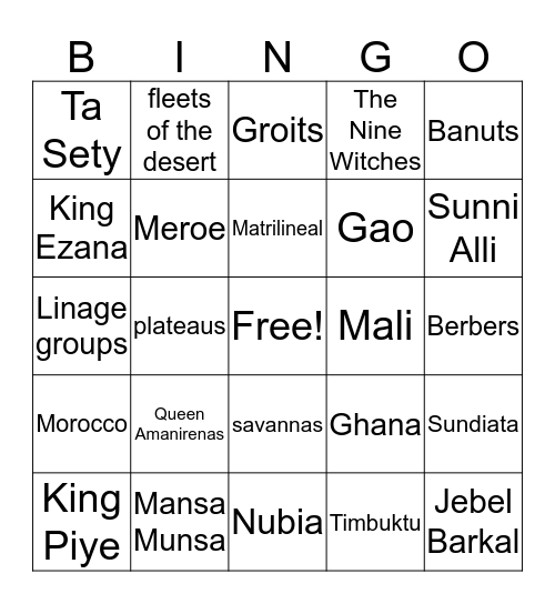 Ancient Africa Bingo Card