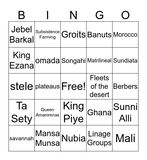 Ancient Africa Bingo Card