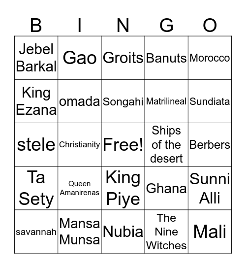 Ancient Africa Bingo Card