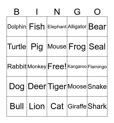 Animal Bingo Card