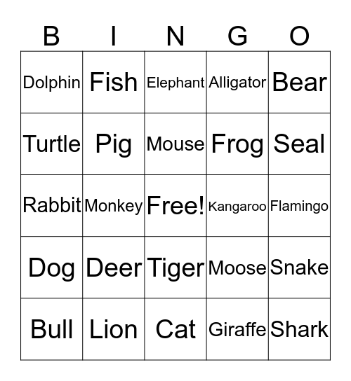 Animal Bingo Card