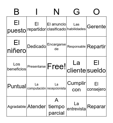 Vocabulario 5A Bingo Card