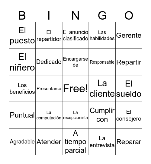 Vocabulario 5A Bingo Card