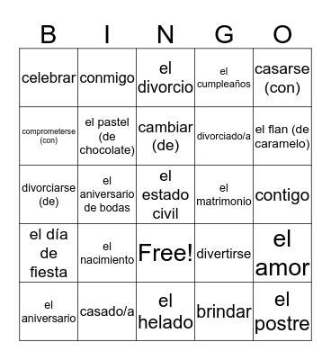 Vocabulario 9 - las fiestas Bingo Card