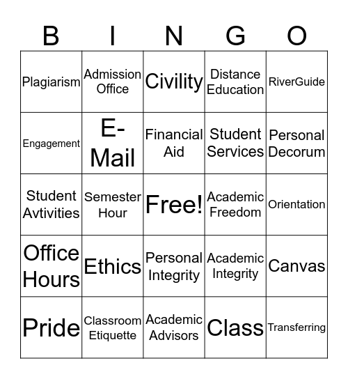 College Life Vocabulary Bingo Card