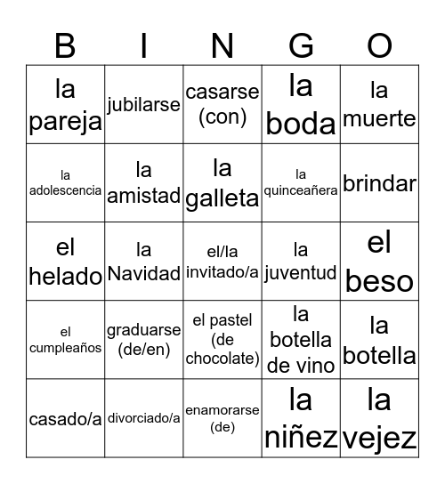 Vocabulario 9 - las fiestas Bingo Card