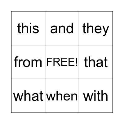 Sight Words Bingo Card