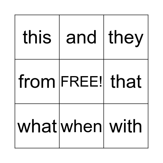 Sight Words Bingo Card