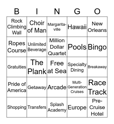Norwegian Cruise Line Bingo Card