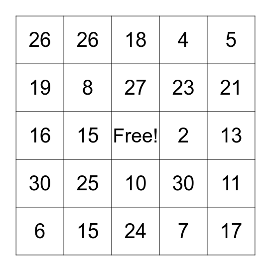 Number Bingi Bingo Card