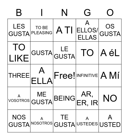 GUSTAR WITH INFINITIVES Bingo Card