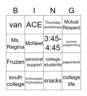 Help Yourself Programs Bingo Card