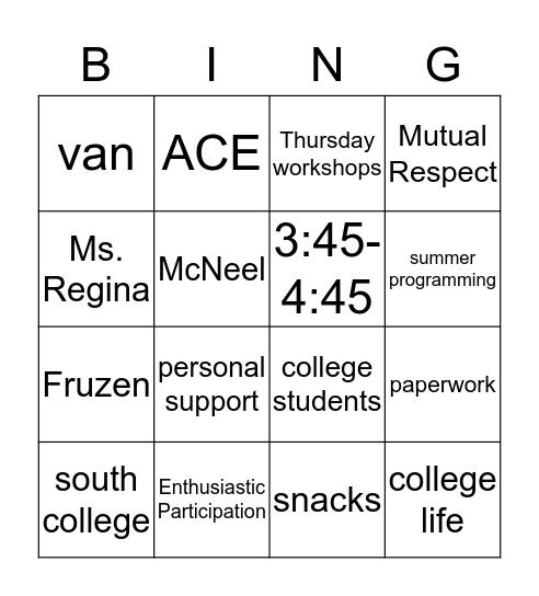 Help Yourself Programs Bingo Card