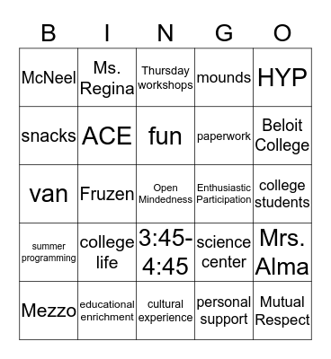 Help Yourself Programs Bingo Card