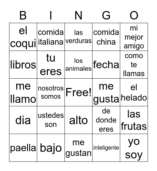 Midterm Spanish 1 Bingo Card