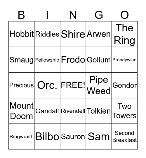 The Lord of the Rings Bingo Card
