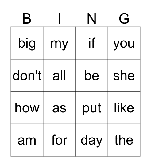 Sight word List  B Bingo Card