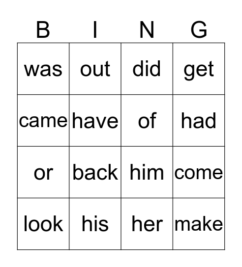Sight word List  C Bingo Card