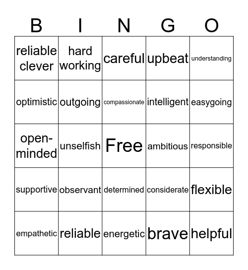 Self-Esteem Bingo Card