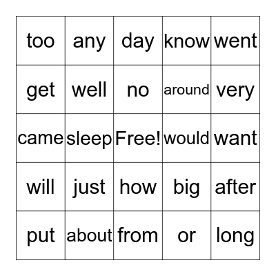 Grade 1 sight words Bingo Card