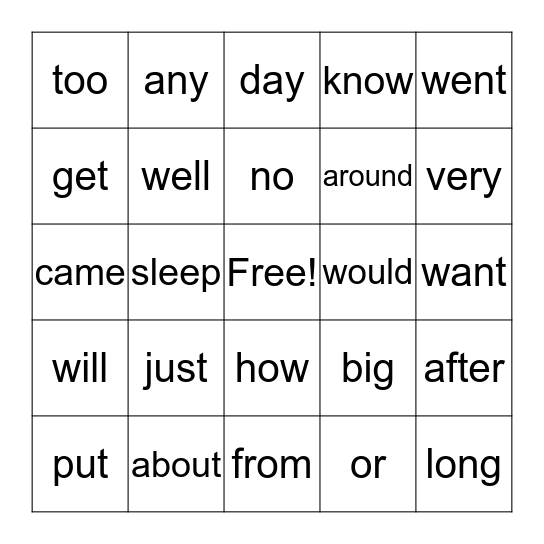 Grade 1 sight words Bingo Card