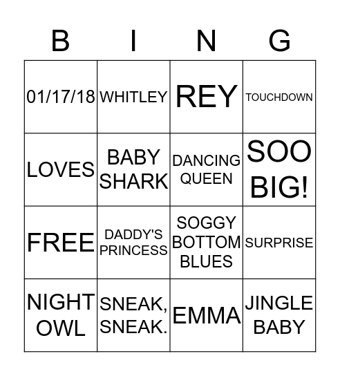 Whitley's 1st bithday bingo Card