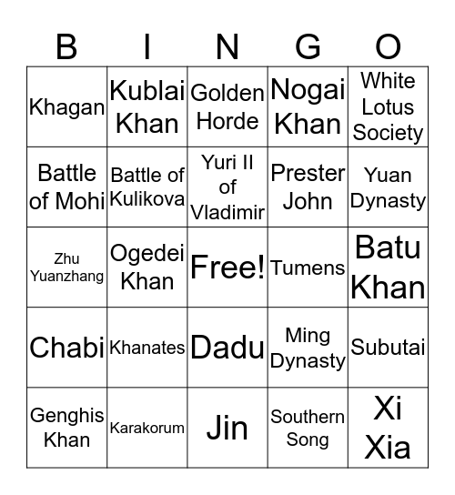 Mongol Bingo Card