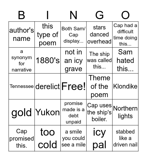 The Cremation of Sam McGee Bingo Card