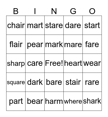 Ar/Are/Air Bingo Card