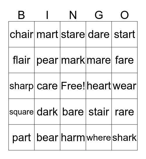 Ar/Are/Air Bingo Card