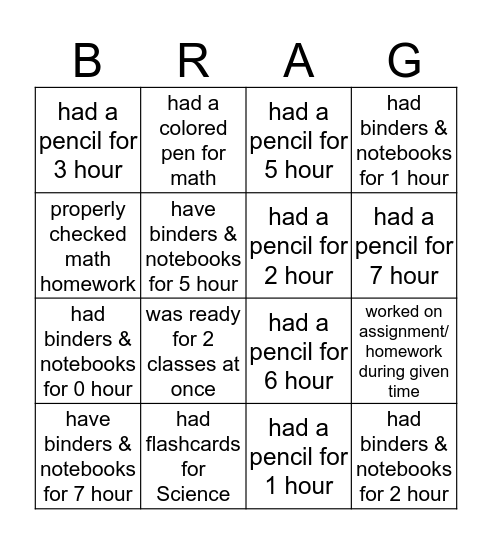 Bingo Brag Board Bingo Card
