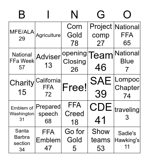 FFA Bingo Card