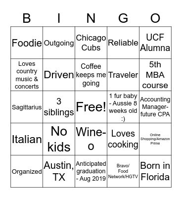 Introductory Bingo Card