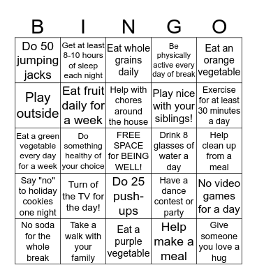 Lionville Elementary Holiday Break Wellness Bingo Card