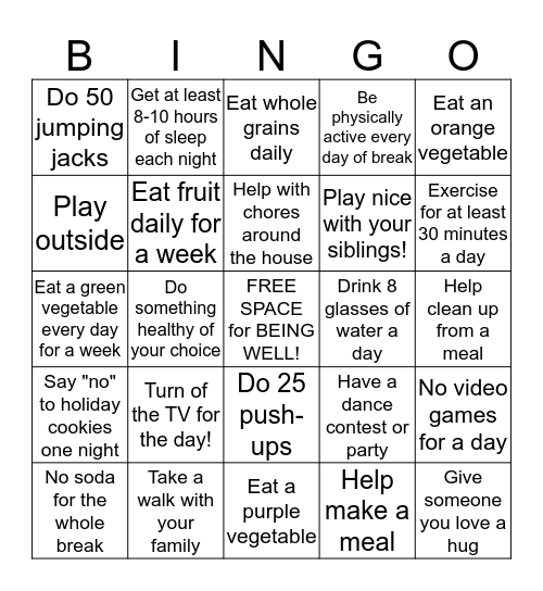 Lionville Elementary Holiday Break Wellness Bingo Card