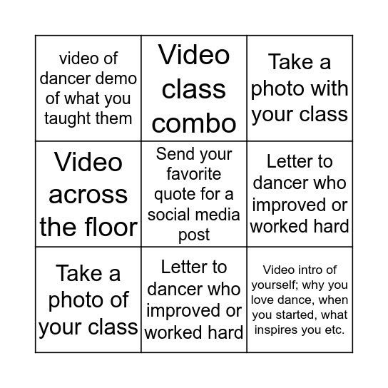 Dance Teacher Bingo Card