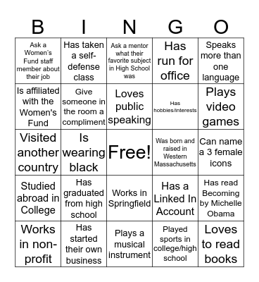 Women's Fund Mentor Match Bingo Card