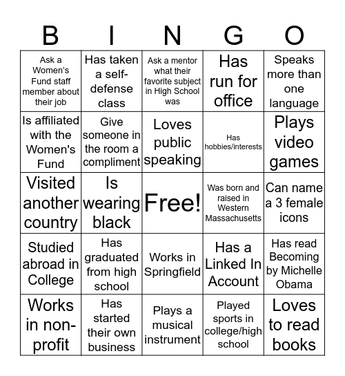 Women's Fund Mentor Match Bingo Card