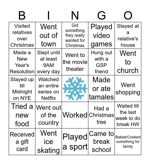 Human Bingo - Winter Break Edition Bingo Card