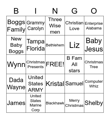 Boggs Family Christmas 2013 Bingo Card