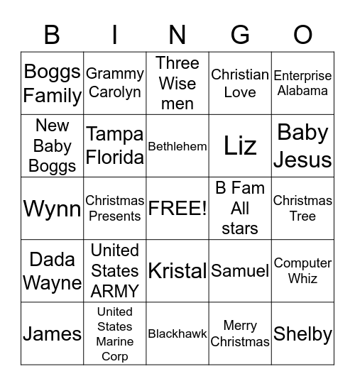 Boggs Family Christmas 2013 Bingo Card