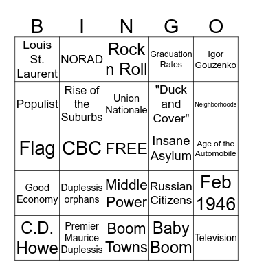 1950s Bingo Card