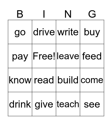 Irregular Verbs Bingo Card