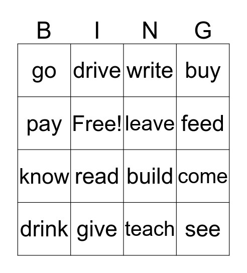Irregular Verbs Bingo Card