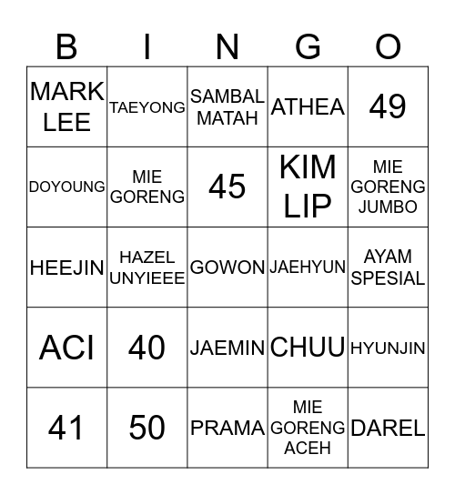 Punya Paula! Bingo Card